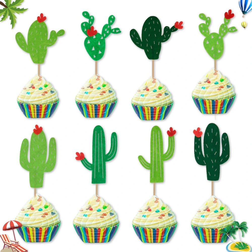 16PCS Cloth Cake Toppers Cactus Cake Inserts Cupcake Label Party Supplies (Green)