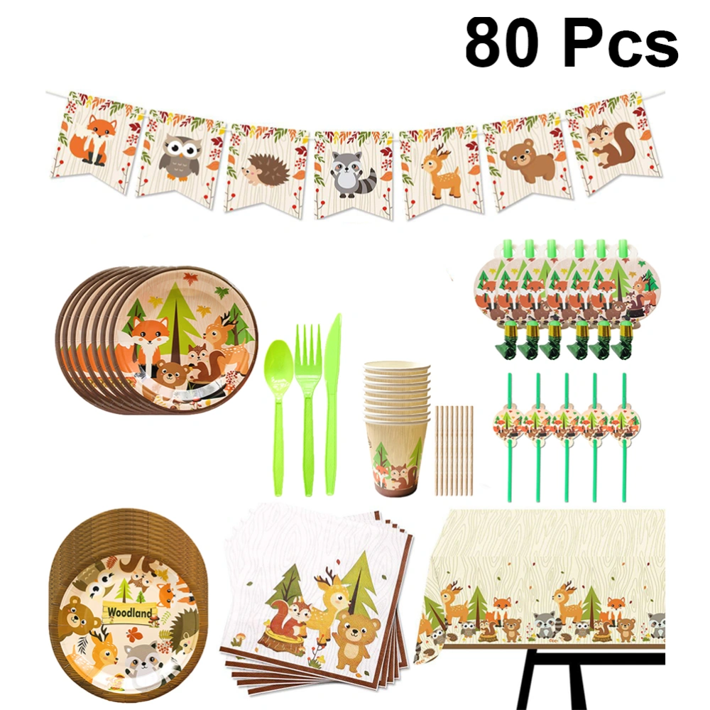 80pcs Forest Animal Themed Party Disposable Plates Creative Party Tableware Fashion Paper Cup Spoon Tissue