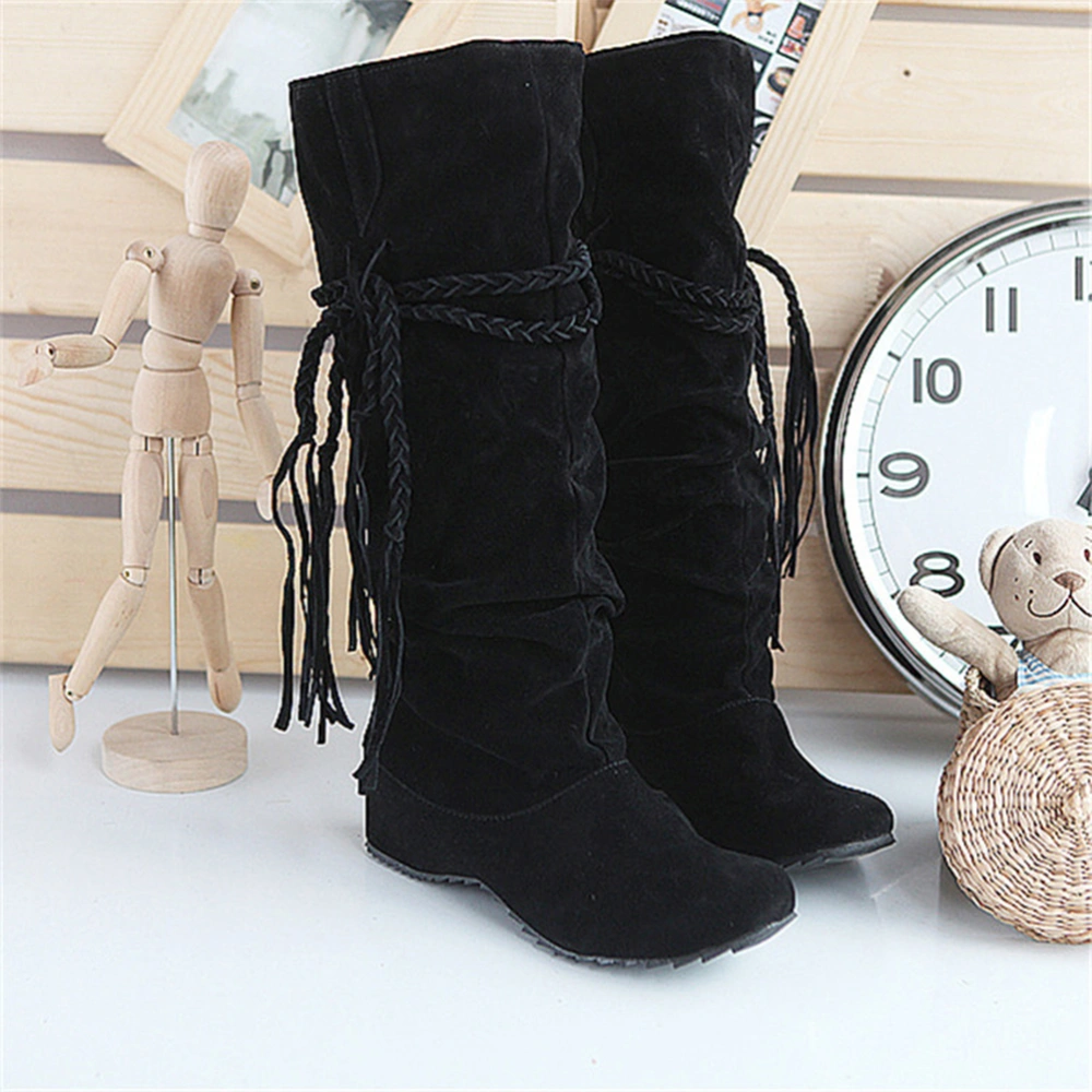 Black Women Fashion Knee High Boots Lady Hidden Wedge High Shoes Elastic Weaving Tassel Boots for Autumn Winter - Size 39 Yard