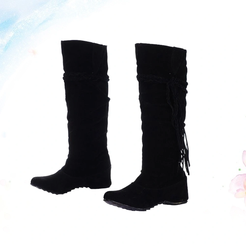 Black Women Fashion Knee High Boots Lady Hidden Wedge High Shoes Elastic Weaving Tassel Boots for Autumn Winter - Size 39 Yard