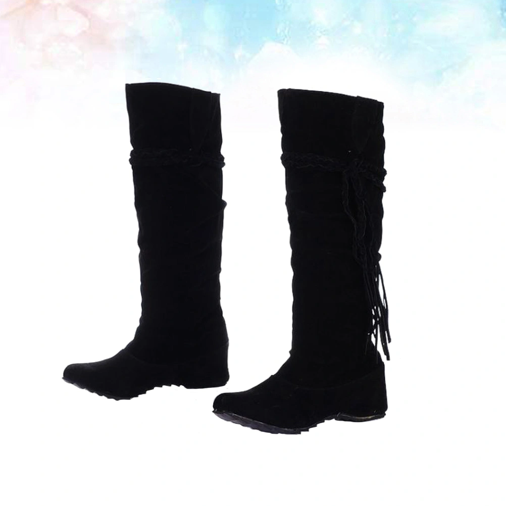 Black Women Fashion Knee High Boots Lady Hidden Wedge High Shoes Elastic Weaving Tassel Boots for Autumn Winter - Size 39 Yard