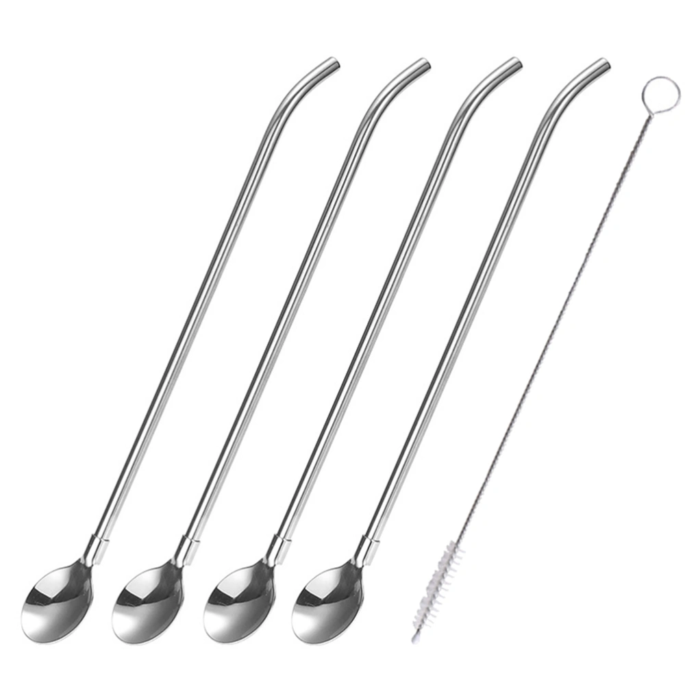 5pcs 9.8 Inches Stainless Steel Straw Spoon Set Creative Drinking Spoons for Coffee Cocktail (Long Curved Spoon + 6cm Tube Brush)