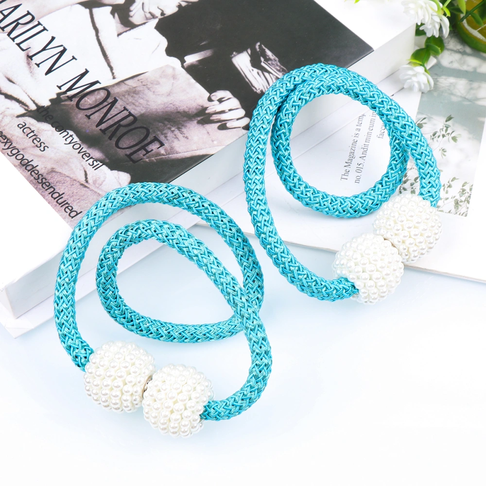 2Pcs Magnetic Curtain Tiebacks Curtain Clips Rope Holdbacks Decorative Fashion Curtain Pearl Magnet Buckles Tie Band (Sky-blue)