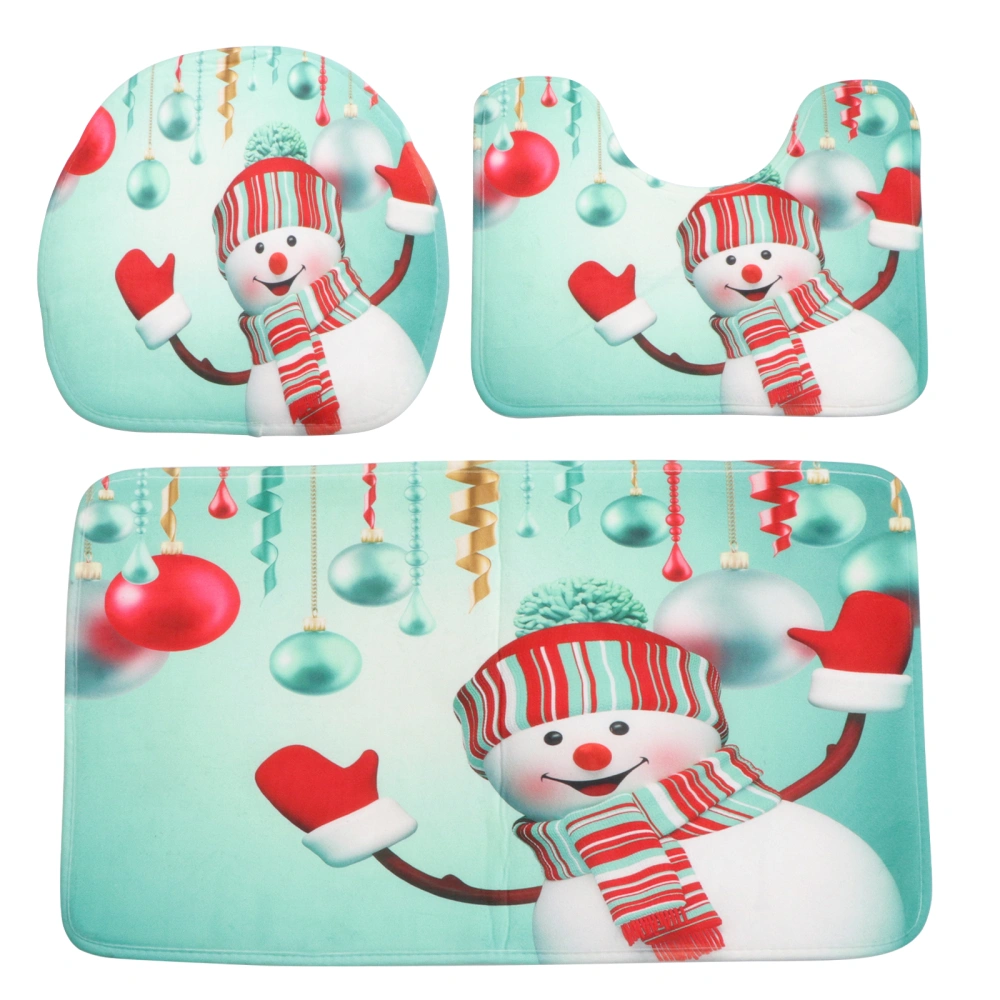 3pcs Christmas Snowman Pattern Flannel Bathroom Rug Mats Set Non-slip Absorbent Washroom Carpet Mat Bath Mat Toilet Seat Lid Cover (Contour Mat + Toilet Seat Lid Cover + Bath Mat)