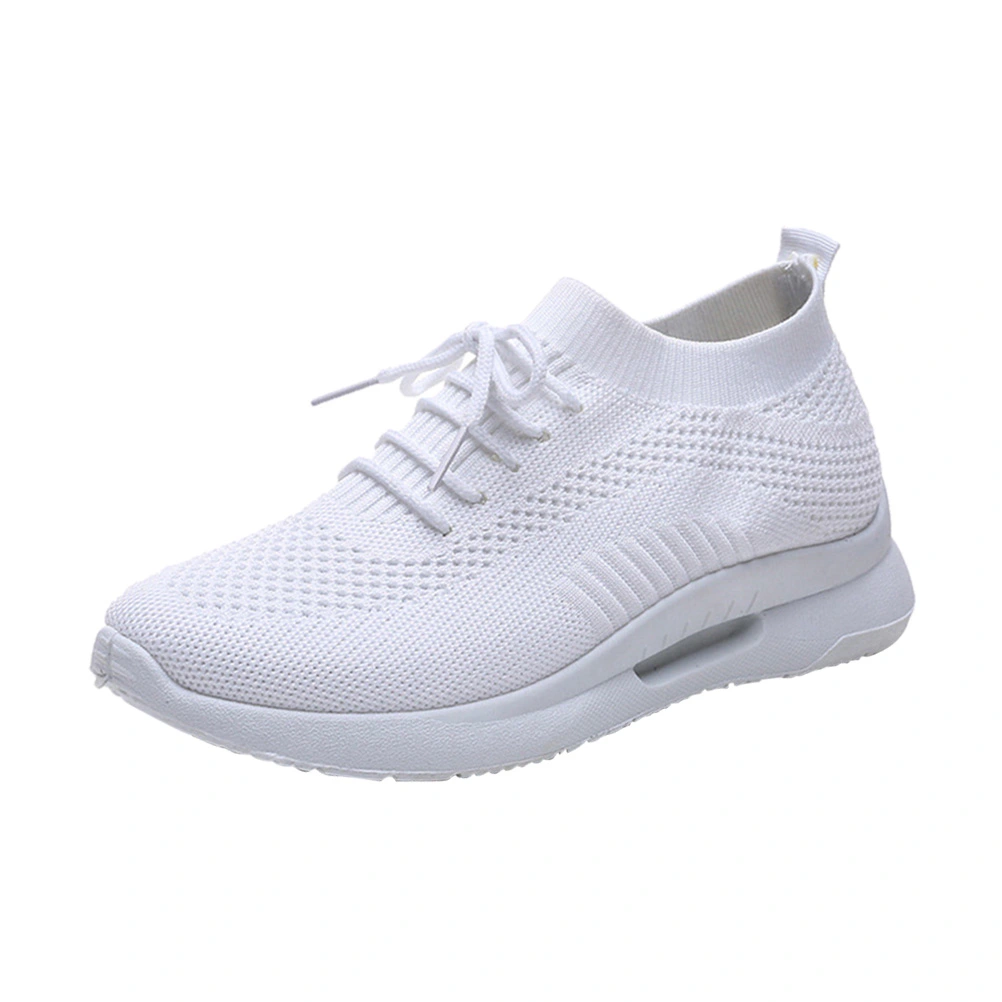 White Fashion Weaving Sports Shoes Breathable Casual Shoes Outdoor Activities Socks Sneakers for Women Ladies - Size 38