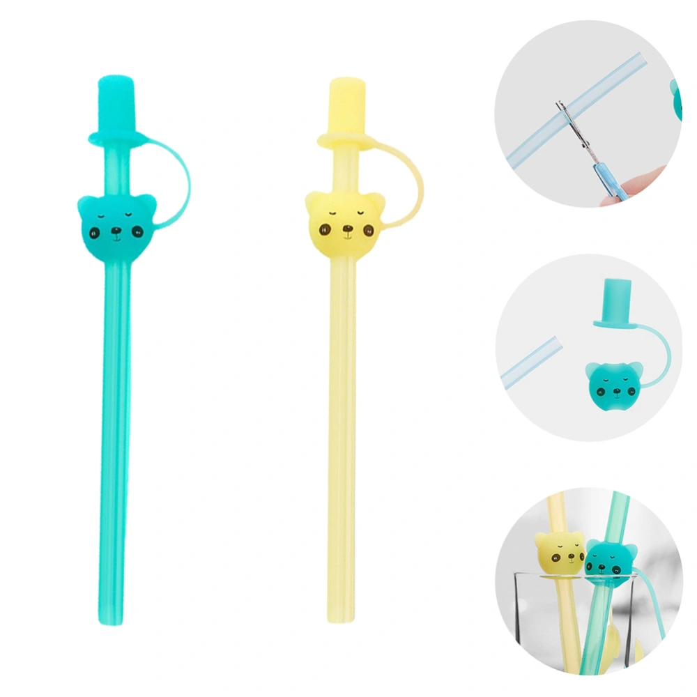 2pcs Silicone Straws Reusable Milk Straws with Cover Bear Modeling Water Straws