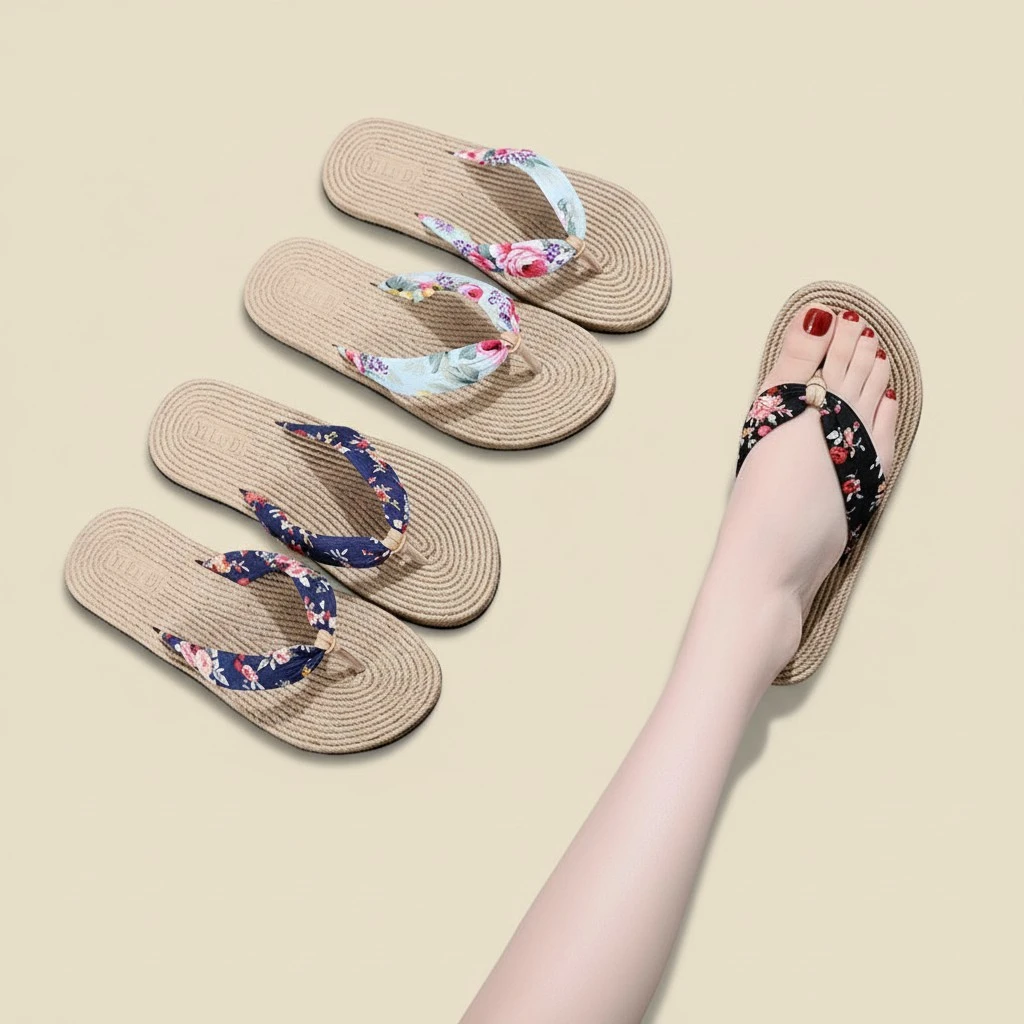 1 Pair of Casual Flip-flops Beach Sandal Summer Printed Imitation Straw Flat Slippers - Size 40