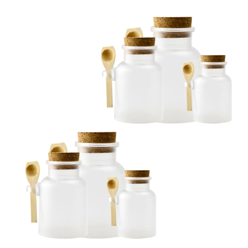 6Pcs ABS Dull Polish Bath Salt Storage Bottle Plastic Bottle Subpackaging Bottle with Cork Cover and Wooden Spoon (100ml,200ml,300ml for Each 2Pcs)