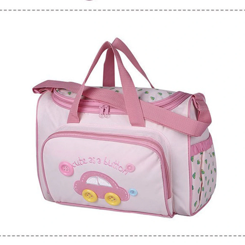 4-in-1 Multi-function Car Pattern Large Capacity Baby Diaper Nappy Changing Pad Travel Mummy Bag Tote Handbag Set (Pink)