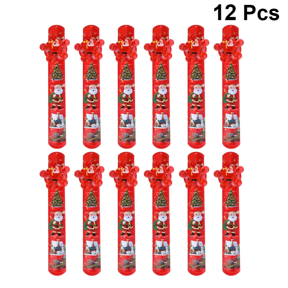 12pcs Luminous Christmas Snap Bracelet Santa Design Wristband Flashing Patting Hand Band Slap Bracelet Party Favor Funny Gift(Assorted Pattern)