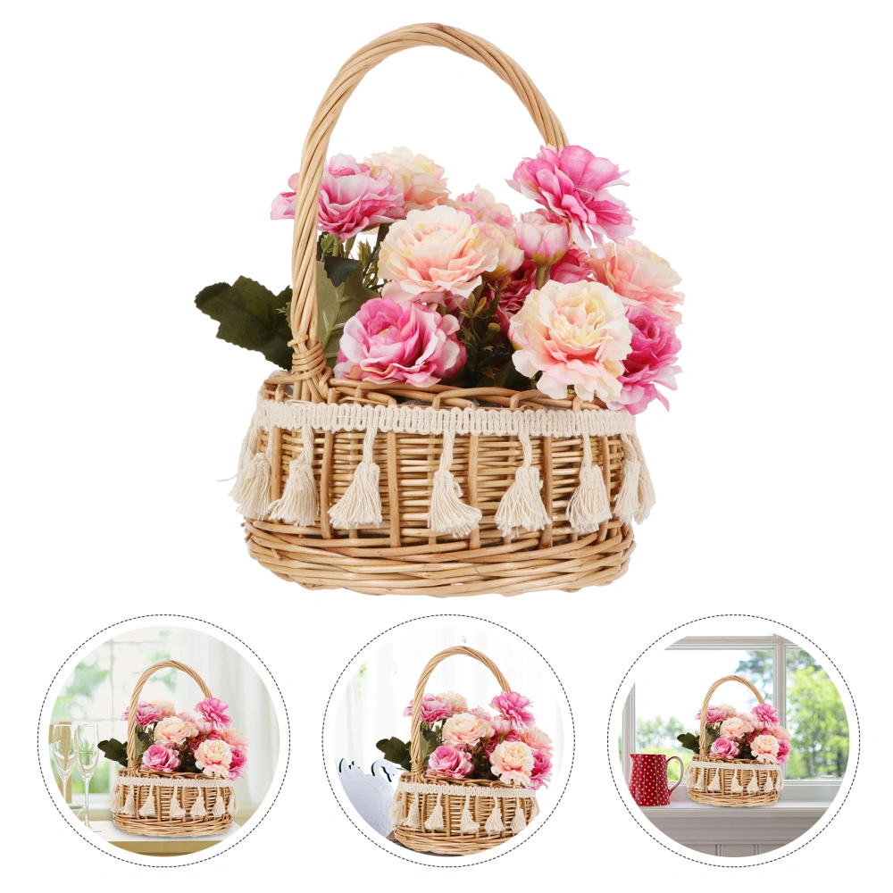 1Pc Wooden Storage Basket with Artificial Flowers Wedding Photo Prop (Azalea)