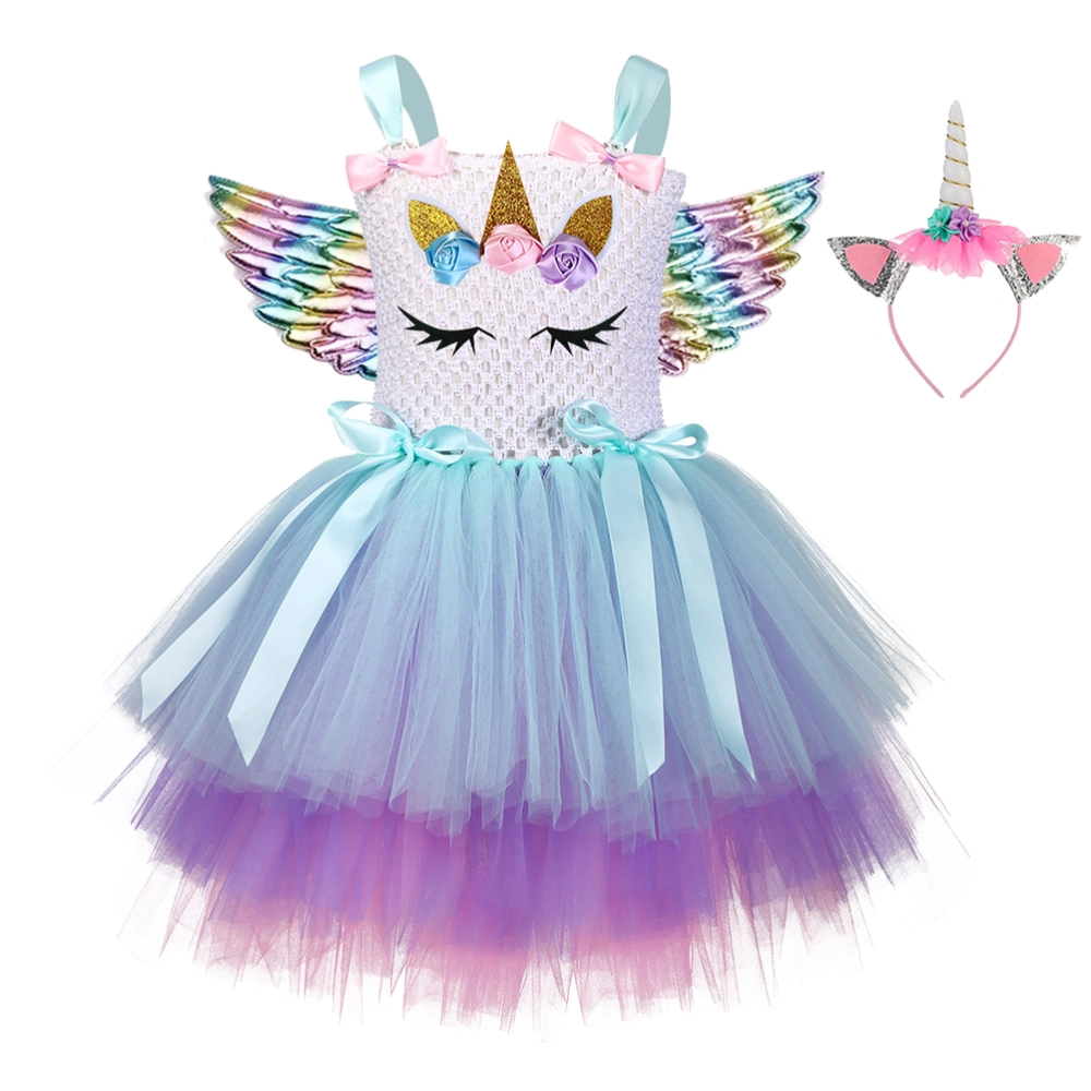 3pcs in 1 Set Floral Unicorn Dress Gradient Color Costume Outfit Skirt Children Party Apparel with Unicorn Hairband and Wing for Girls Kids Size S Suitable for 1 to 2 Years Old