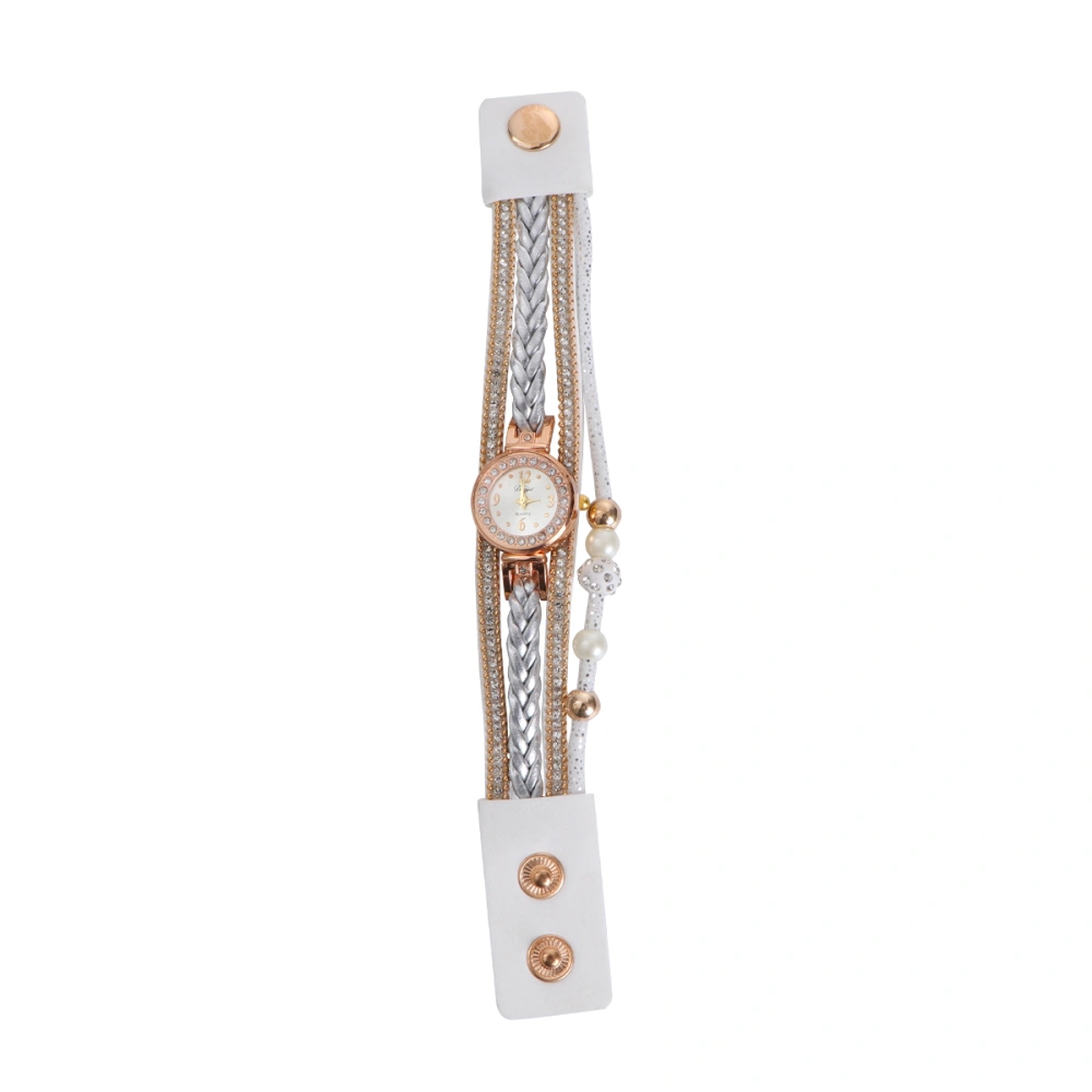 Women Weave Watch Fashion Personality Bracelet Diamond-studded Pearl Multi-layer Watch (White)