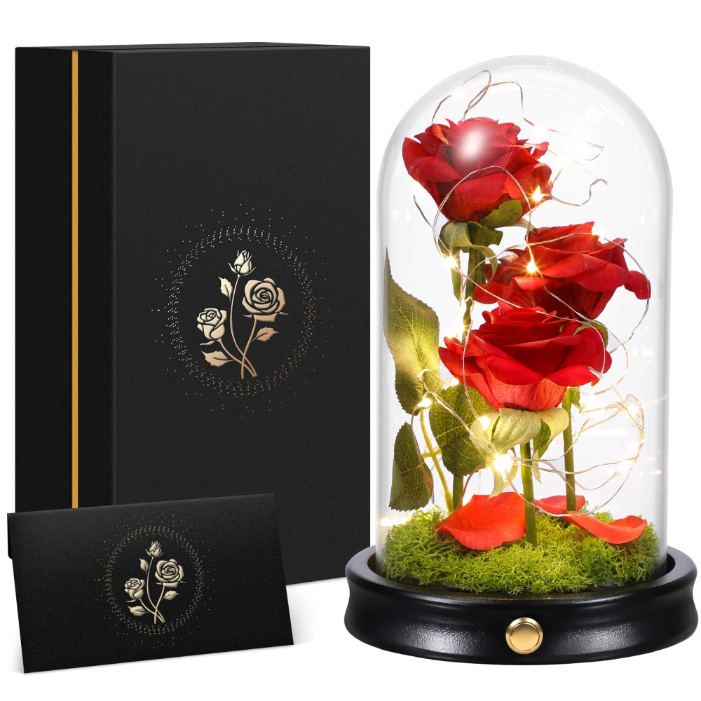 ETEREAUTY Three Flower Roses in Glass Dome with Fallen Petals 4 Modes 30 LED Lights Greeting Card Gift Box for Valentine's Day Mother's Day Anniversary Wedding Gift (Red)