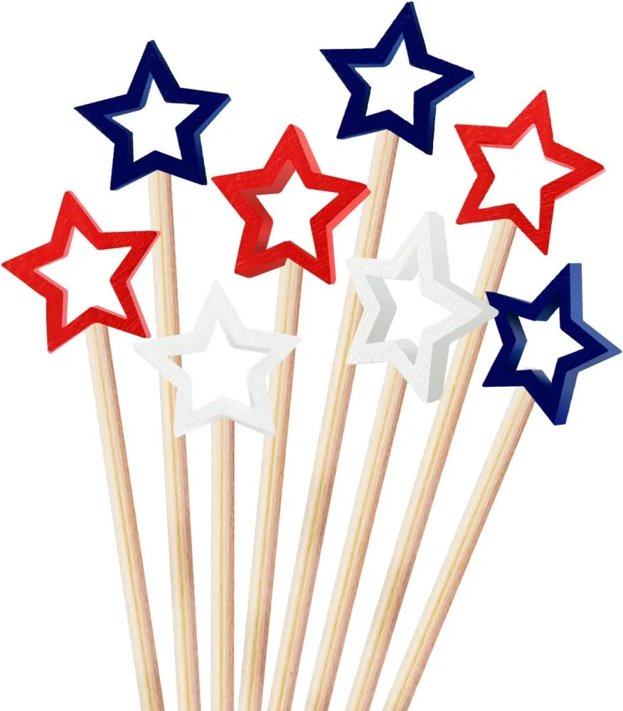 60pcs Star Cocktail Picks Fourth of July Bamboo Fruit Skewers Patriotic Appetizer Picks