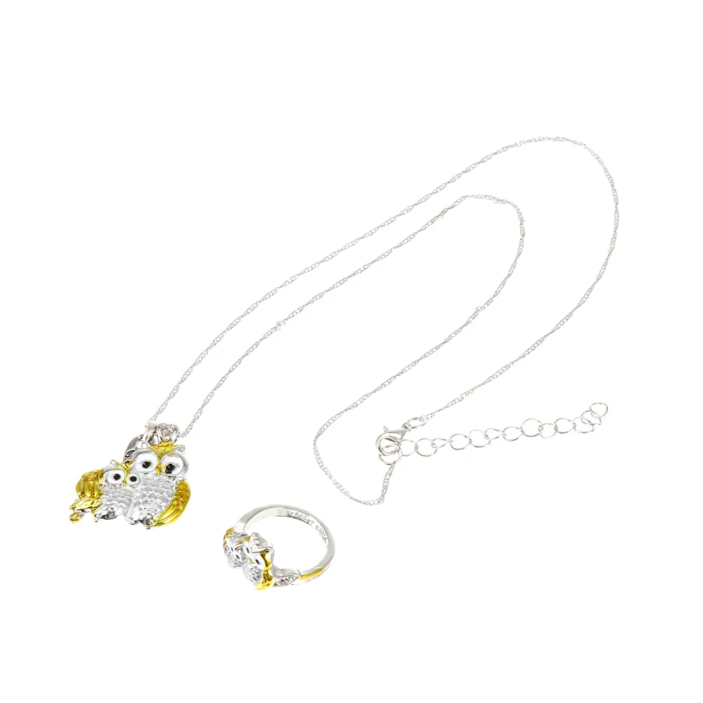 1 Set 2 Pcs Owl Shape Neck Chain Beautiful Necklace Ring (Golden Silver)