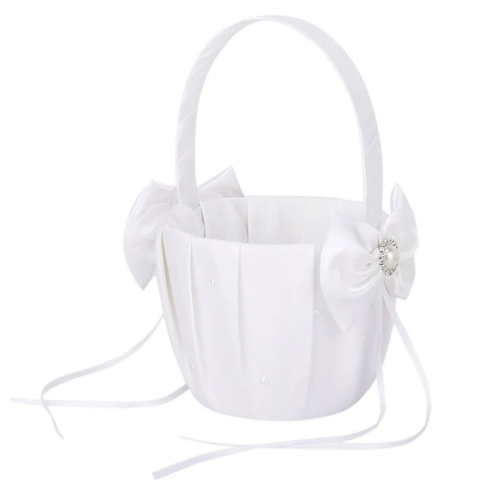 13*22cm Satin Bowknot Pearl Diamante Wedding Ceremony Party Flower Girl Basket (Beige)