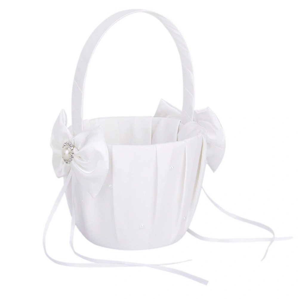 13*22cm Satin Bowknot Pearl Diamante Wedding Ceremony Party Flower Girl Basket (Beige)