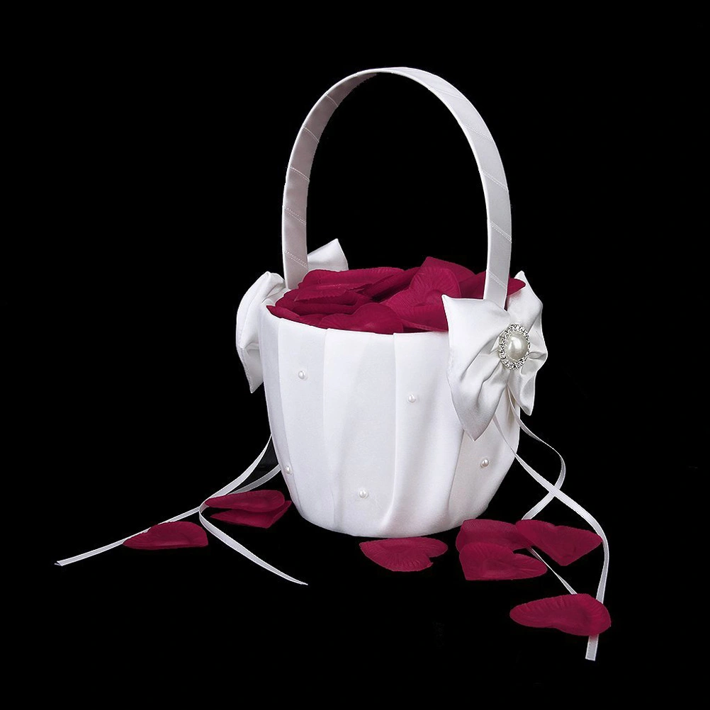 13*22cm Satin Bowknot Pearl Diamante Wedding Ceremony Party Flower Girl Basket (Beige)