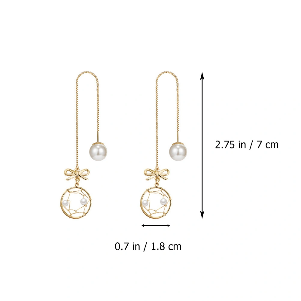 1Pair Bowknot Net Shaped Earrings Pearl Ear Pendants Elegant Ear Decor (Golden)