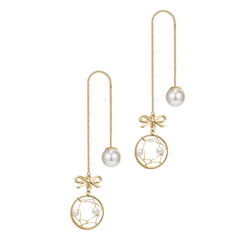 1Pair Bowknot Net Shaped Earrings Pearl Ear Pendants Elegant Ear Decor (Golden)