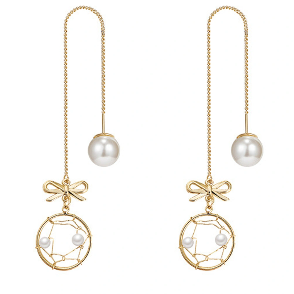 1Pair Bowknot Net Shaped Earrings Pearl Ear Pendants Elegant Ear Decor (Golden)