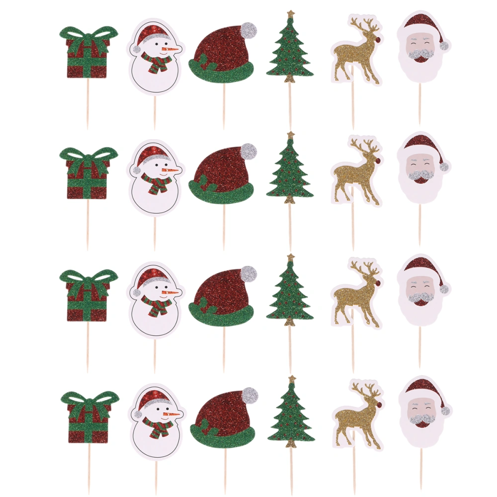 24PCS Glitter Christmas Themed Cake Toppers Gift Hat Tree Santa Claus Shape Decor Cupcake Picks Dessert Toppers for Festival Party Christmas