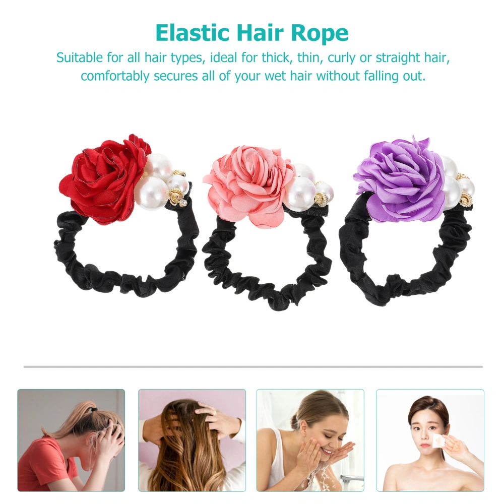 3pcs Ponytail Holder Rose Flower Hair Rings Pearl Hair Elastics Pearl Hair Ropes