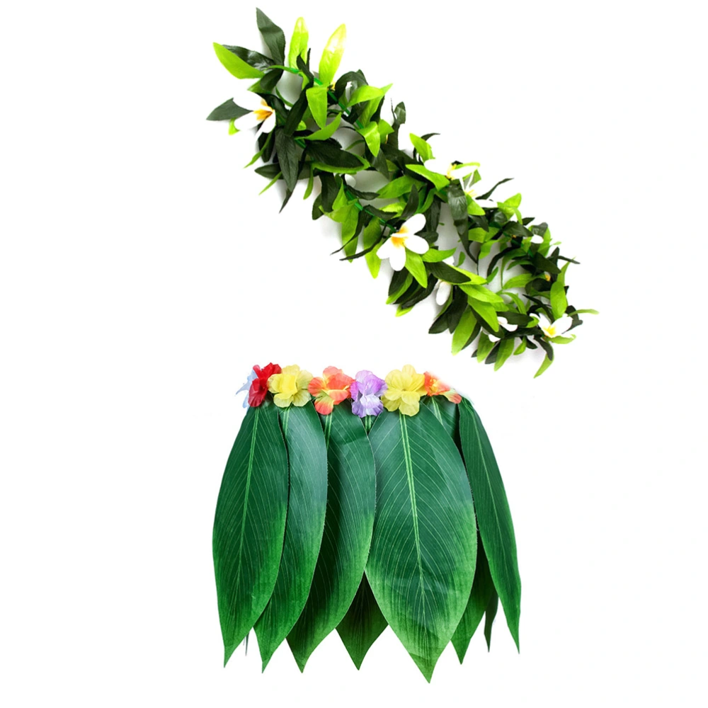 2Pcs Adults Hawaiian Grass Dance Skirt with Garland for Beach Luau Party Wearing Decoration