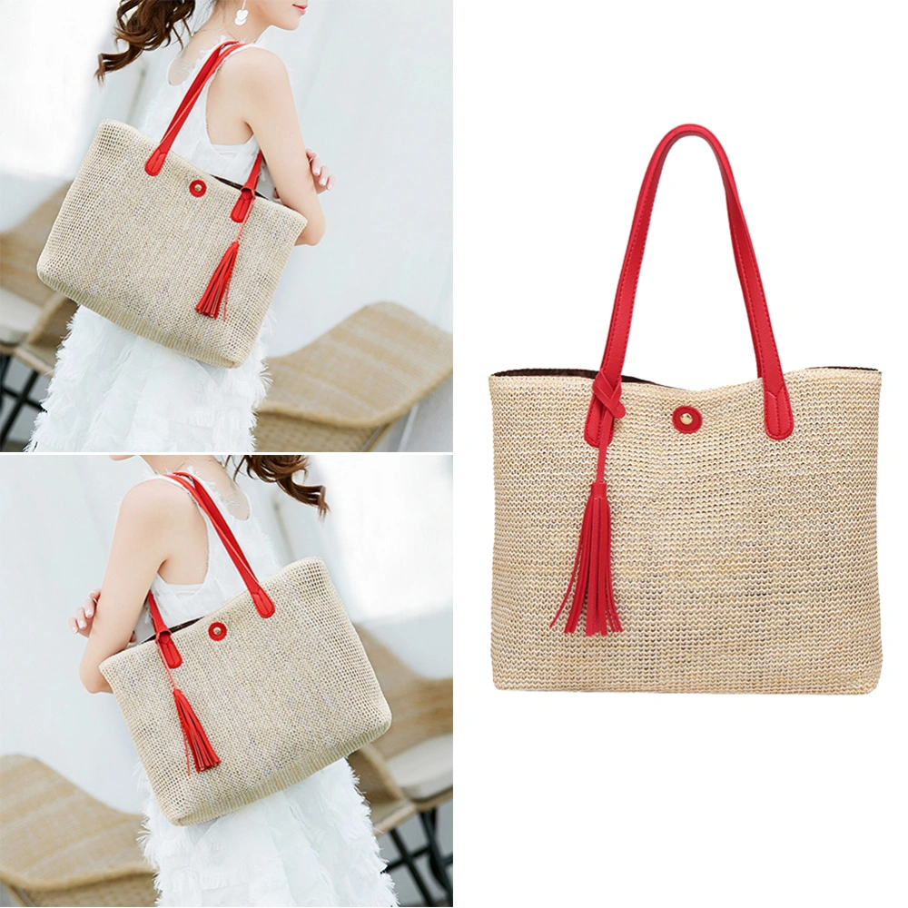 Fashion Woven Bag Vacation Handbag Simple Shoulder Bag Beach Bag for Outdoor Travel (Red)