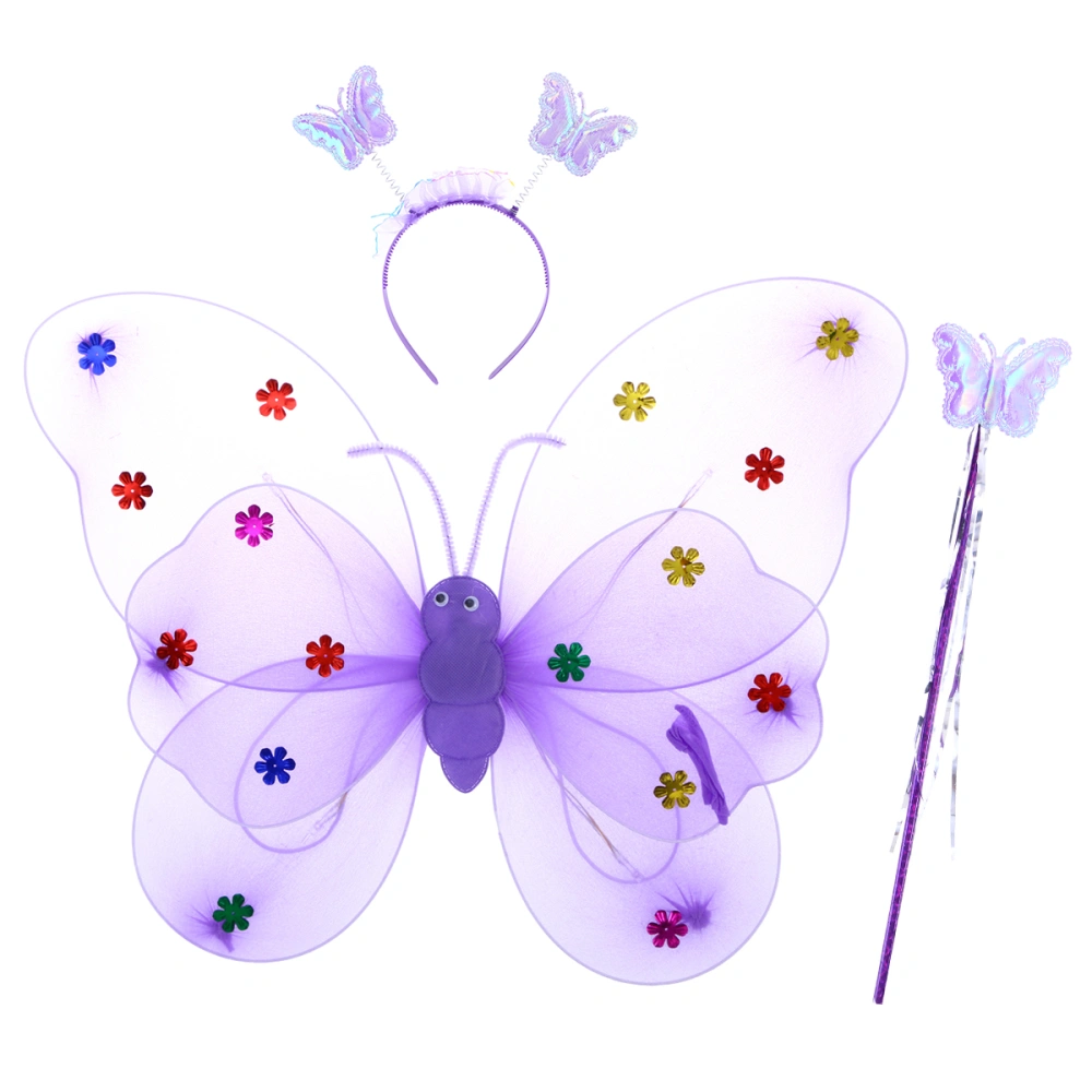 3 Pcs Girls Fairy Set Wings Double Layer Headband and Fairy Wand for Kids(Purple)