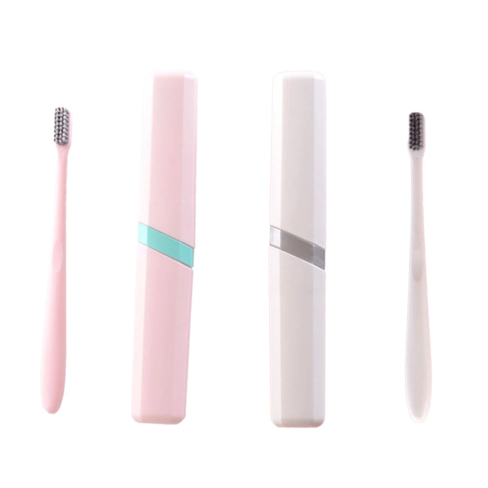 2 Sets Portable Creative Toothbrush and Box Retractable Toothbrush and Holder for Travel Hiking Camping (White and Pink)