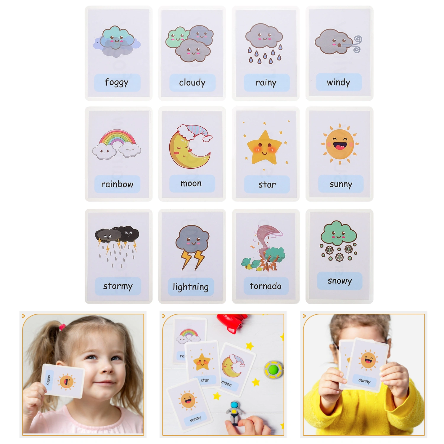 12Pcs Sight Words Flash Cards Weather Cognition Flash Cards Kids Early Educational Cards