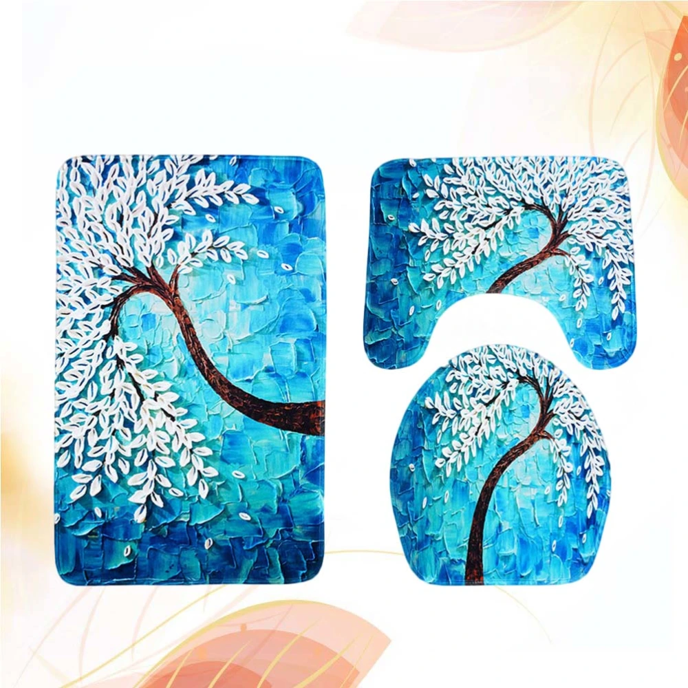 3 in 1 Flower Pattern Bathroom Mat Set Antiskid Washroom Carpet Mat Toilet Seat Lid Cover (Blue)