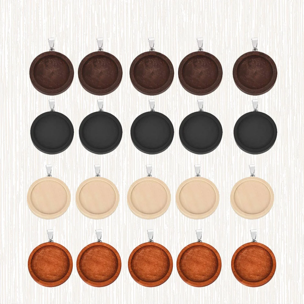 20 Pcs 25mm DIY Wooden Base Plate Pendant Stainless Steel Hanging Accessories Time Glass Patch Base for Earrings Jewelry Eardrop Necklace Making Supplies (Red Coffee, Solid Color, Deep Coffee, Black Style)