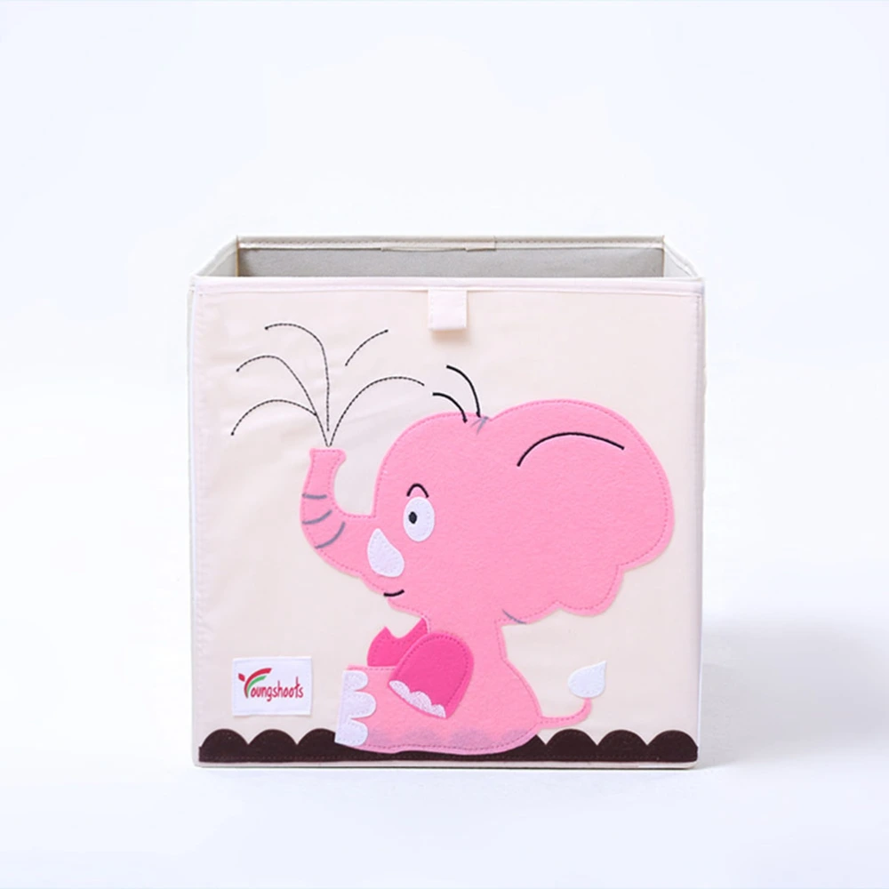 Cartoon Patterned Foldable Clothes Storage Box Children's Toy Storage Cube Book Organizer - 33x33x33cm (Washable, Pink Elephant)