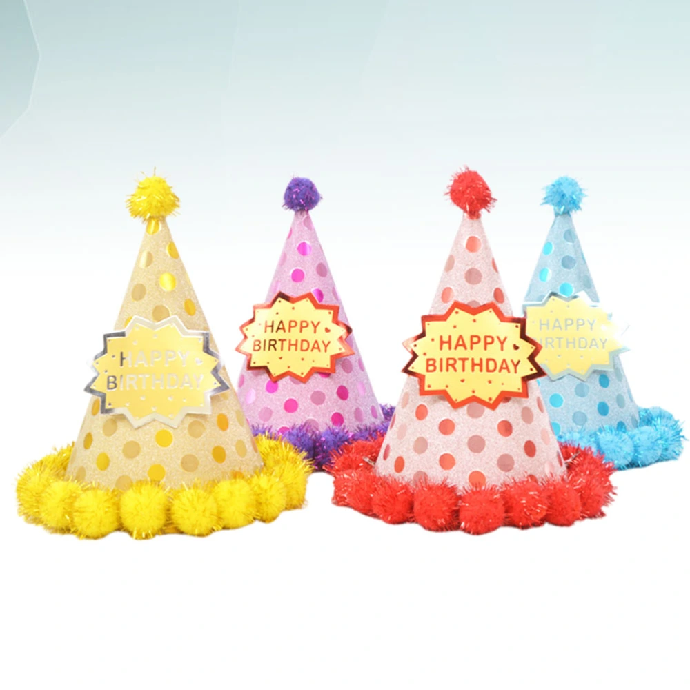 4pcs Birthday Pompon Hats Letter Printing Kids Polka Dot Printing Birthday Party Hat Decorations for Child(Red, Blue, Yellow, Purple, 1pc for Each Color)