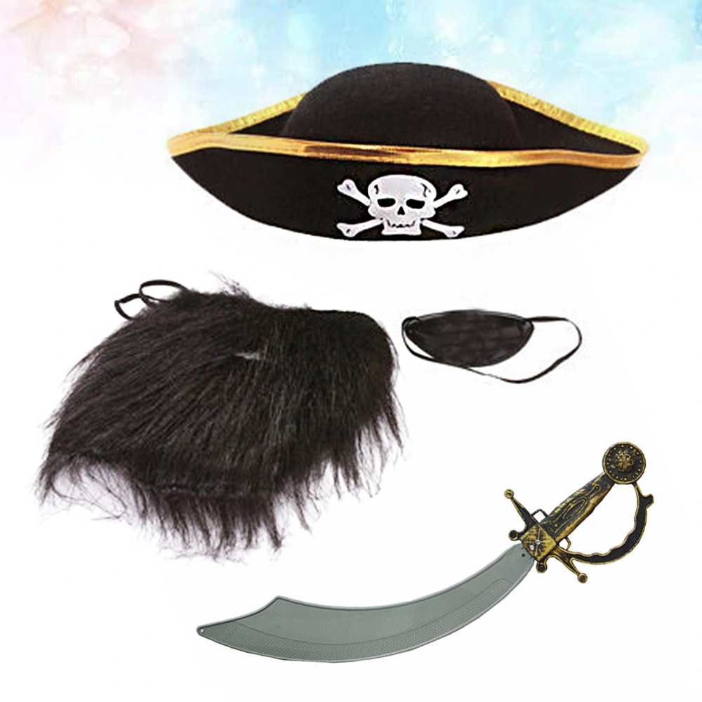 4pcs Halloween Party Cosplay Accessary Pirate Hood Moustache Set Eye Patches Props Pirate Masquerade Performance Costume Sets