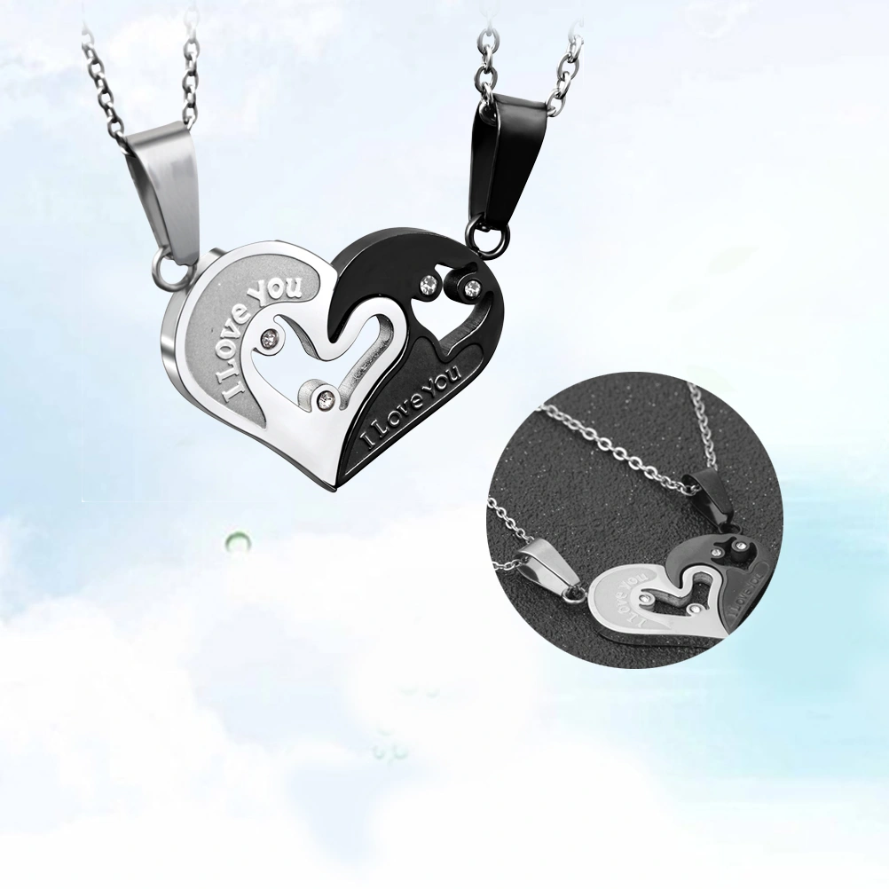 1 Pair Titanium Steel Lovers Pendant Set Never Separate Couple Necklace Heart Pendant Stainless Steel I Love you Necklace (Black)