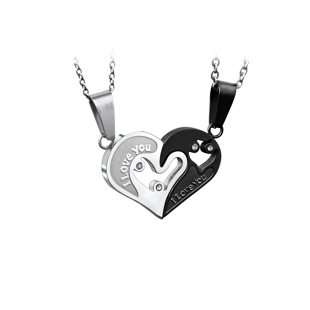 1 Pair Titanium Steel Lovers Pendant Set Never Separate Couple Necklace Heart Pendant Stainless Steel I Love you Necklace (Black)