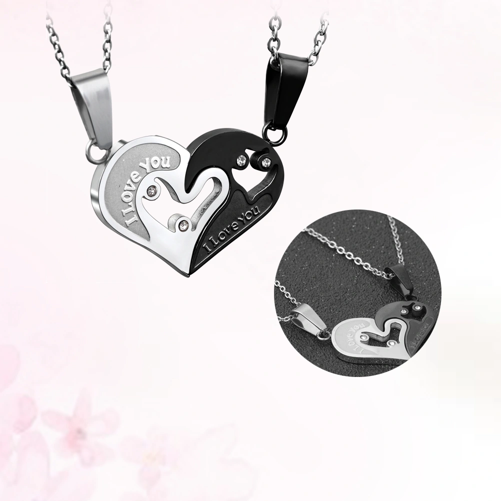 1 Pair Titanium Steel Lovers Pendant Set Never Separate Couple Necklace Heart Pendant Stainless Steel I Love you Necklace (Black)