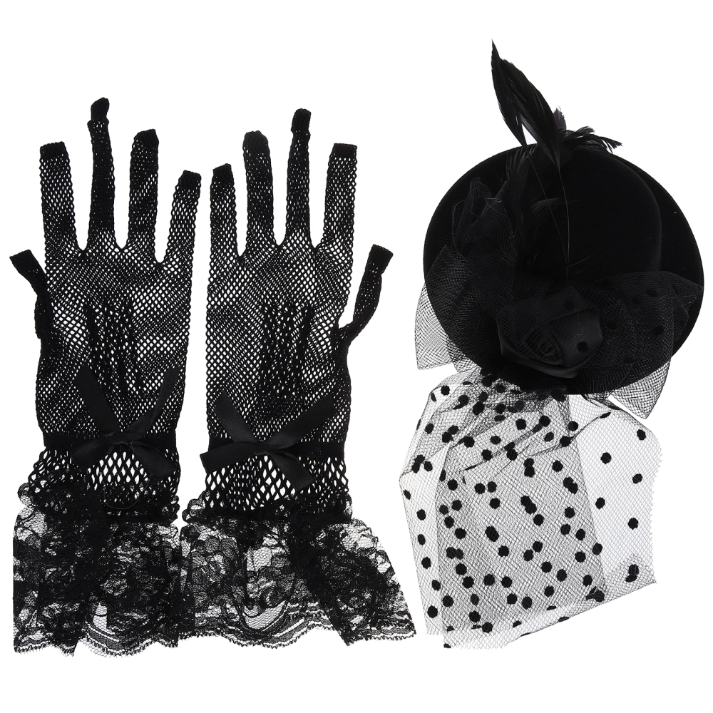 1 Set Fascinator Hat Hair Clip Mesh Gloves Tea Party Hat Cocktail Party Gloves for Women Lady Girls