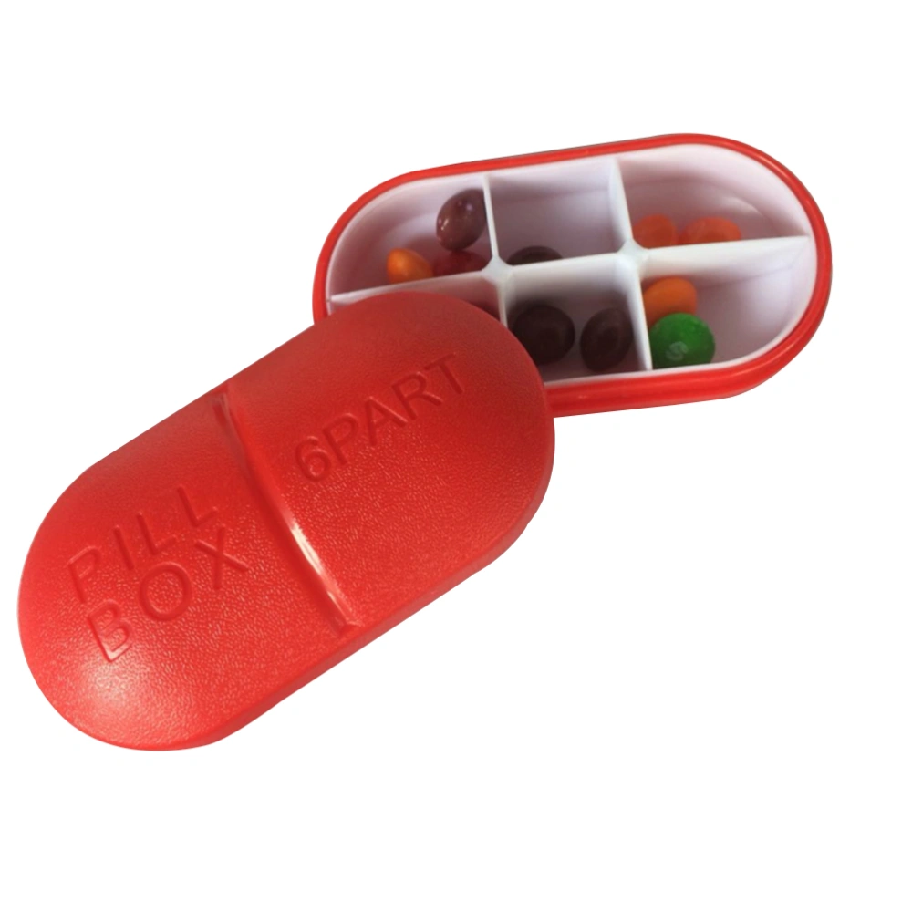 Outdoor Camping Travel Portable Oval Pills Box Case with Removable 6 Compartments Drug Seal Storage Container Holder (Red)