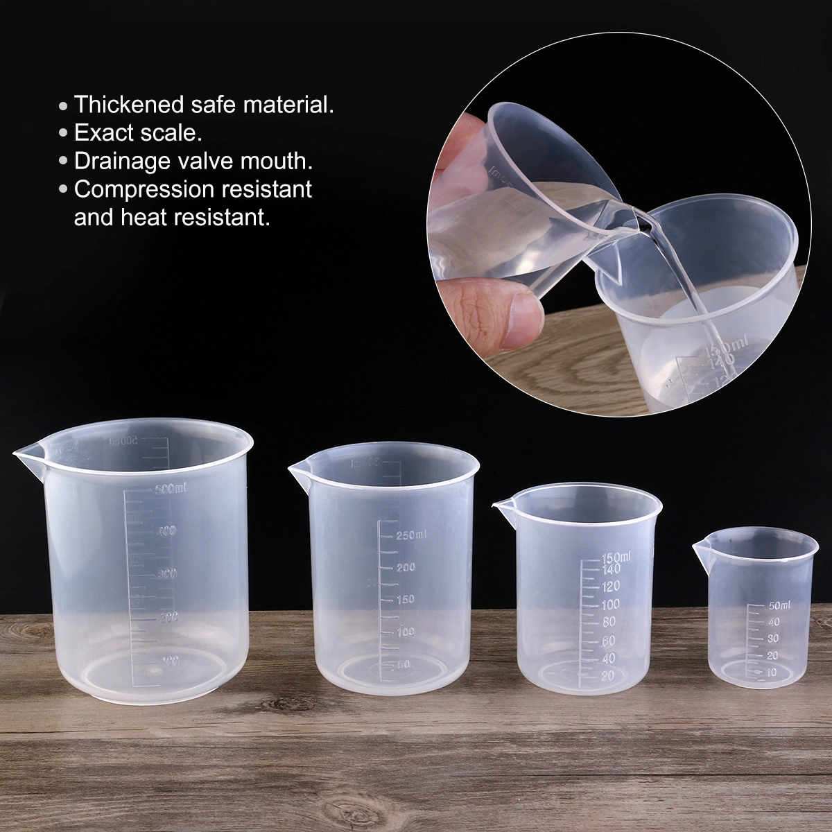 ROSENICE 4pcs 50ml / 150ml / 250ml / 500ml Plastic Graduated Beakers (Transparent)