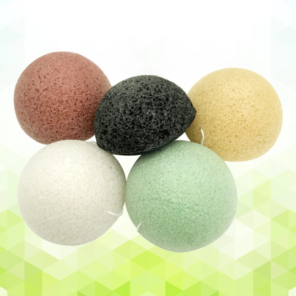 5PCS Konjac Sponge Facial Cleansing Sponges Great for Sensitive Oily Acne Prone Skin （Black + Green + Yellow + Cream + Red)