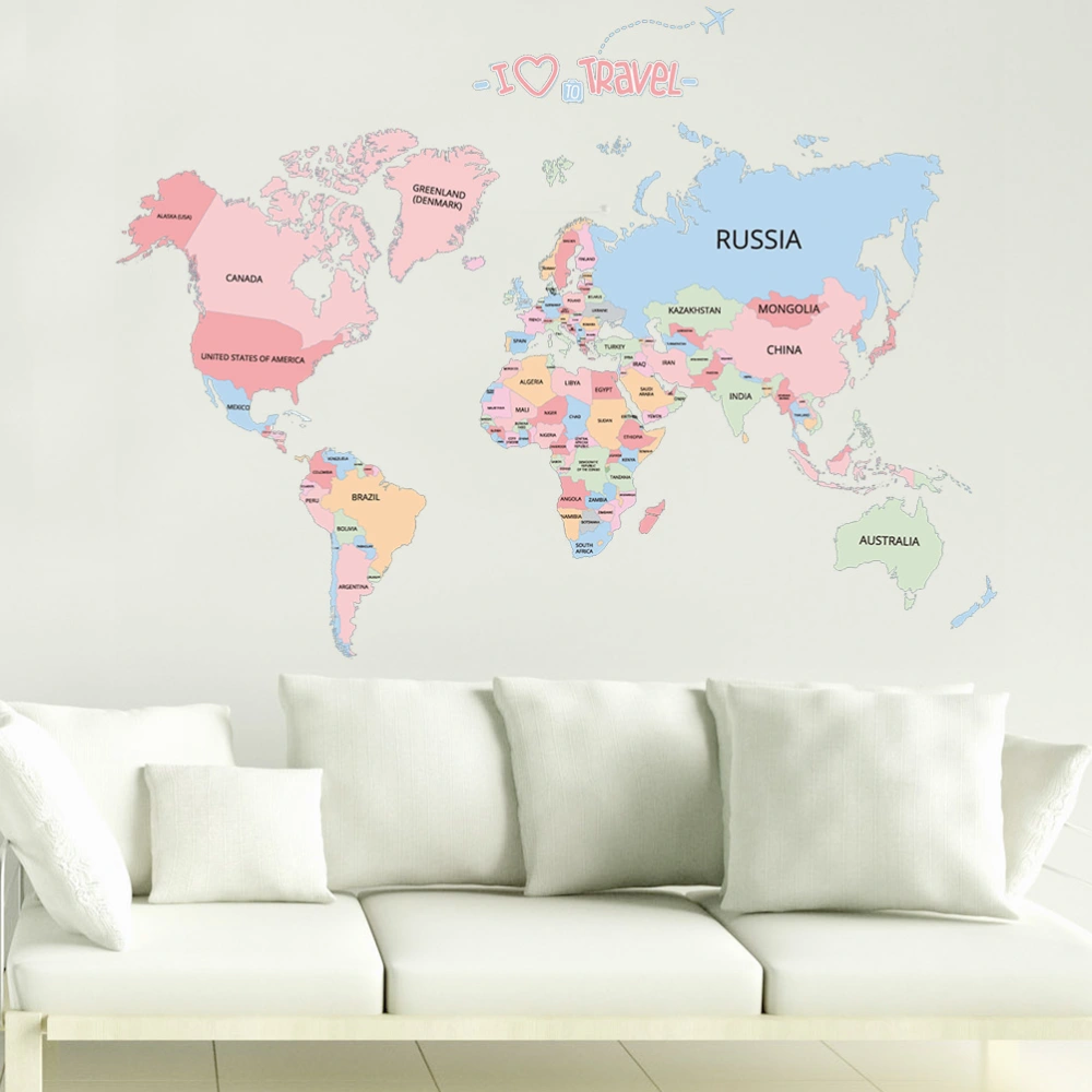 English Letter Wall Sticker Colorful World Map Sticker Self-adhesive Decal Delicate PVC Background Accessories for Home Bedroom Living Room Office Decor