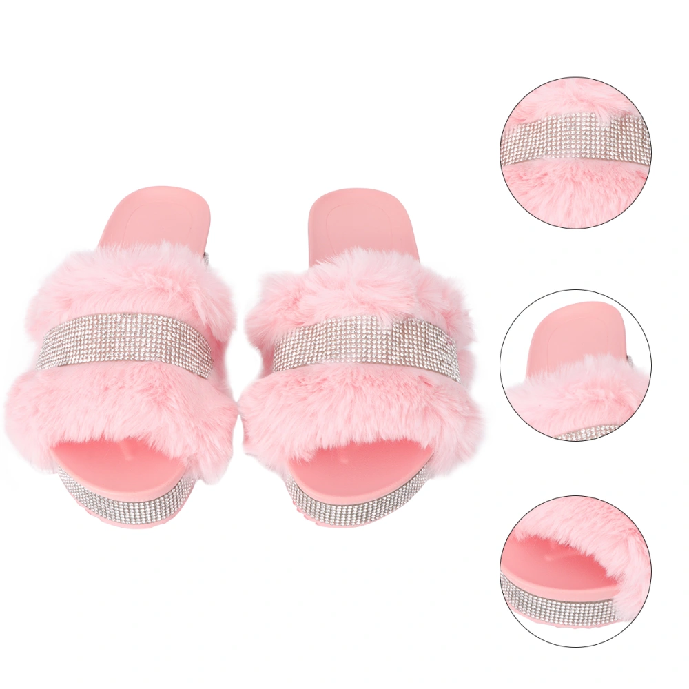 1 Pair Thick-soled Rhinestone Female Slippers Winter Warm Plush Slippers