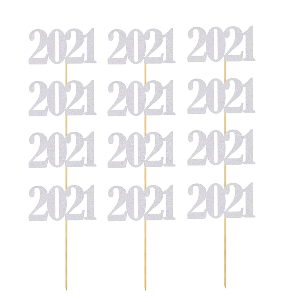 12pcs 2021 Festive Glitter Cake Toppers Cake Decorations for New Year (Golden)