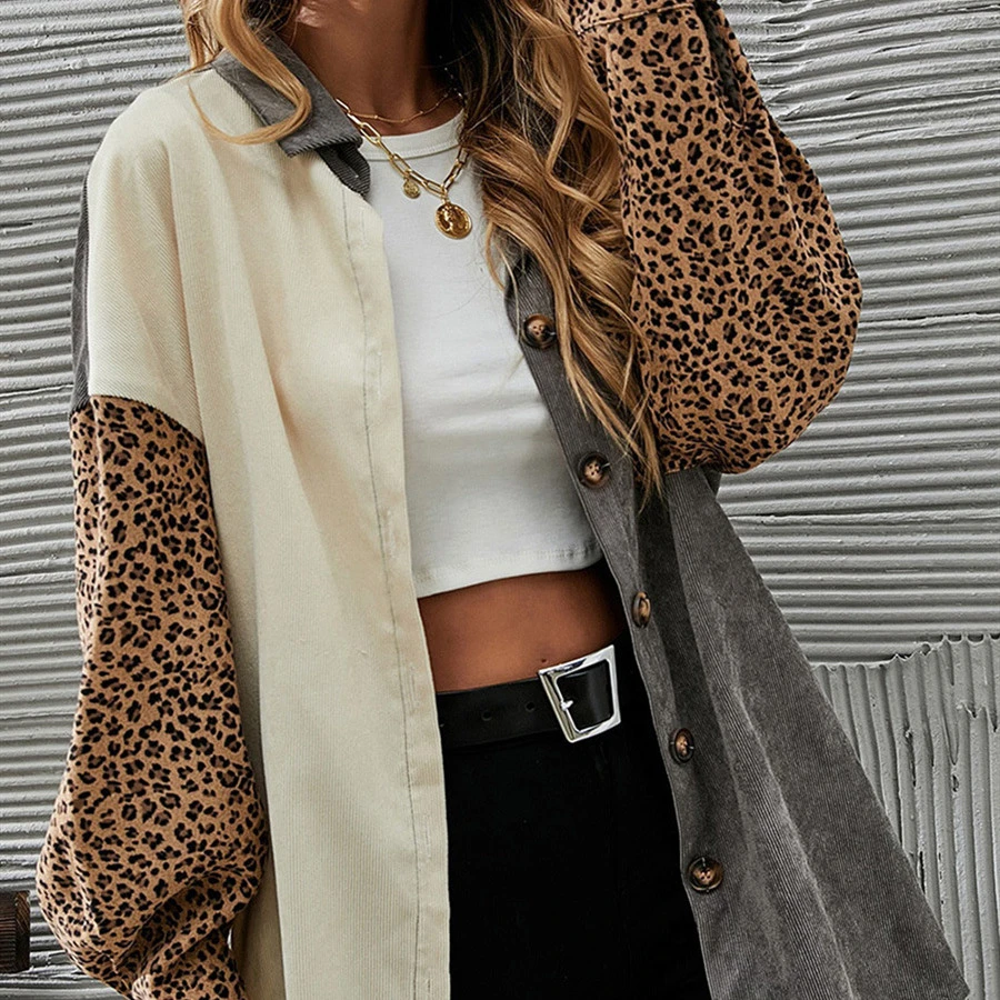 Gray Color Block Leopard Patch Corduroy Pullover