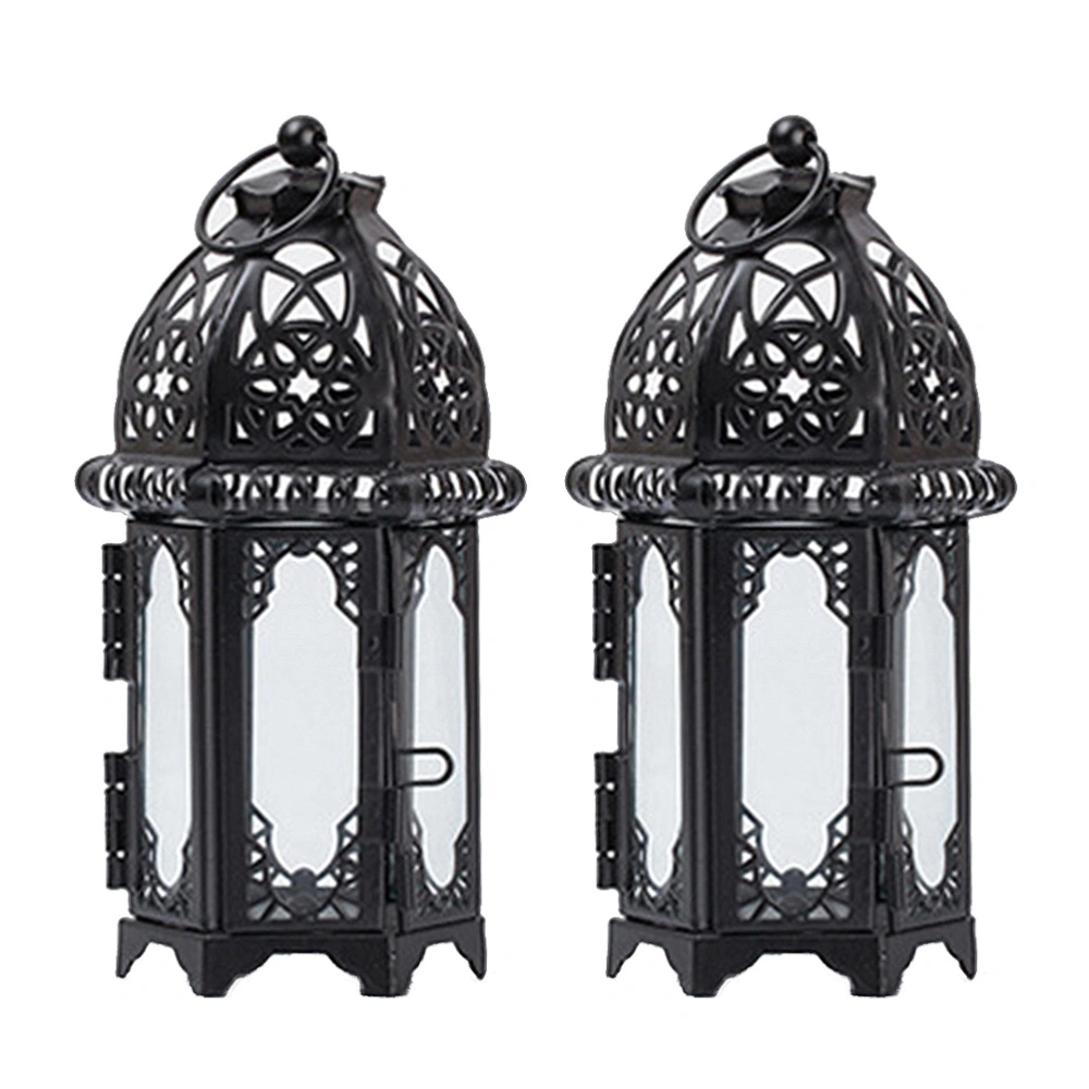 2pcs Morocco Style Iron Tealight Holder Glass Candle Lanterns Hanging Wedding Centerpieces (Black, Clear Glass)